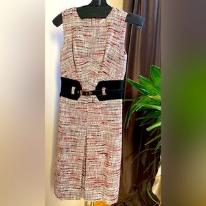 Milly Womens Suede Trim Belted Tweed Sheath Dress Red Black